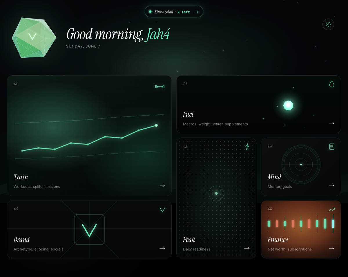 The Vitality dashboard — pure black, mint accents, tiles for everything you track